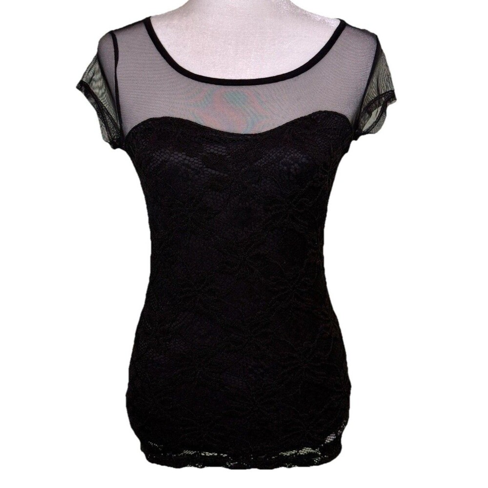 Forever 21 Women’s Black Lace Sheer Mesh Romantic Dark Gothic Chic Fitted Top Sm